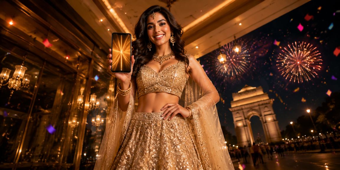 Indian woman enjoying casino app in Delhi's iconic India Gate area